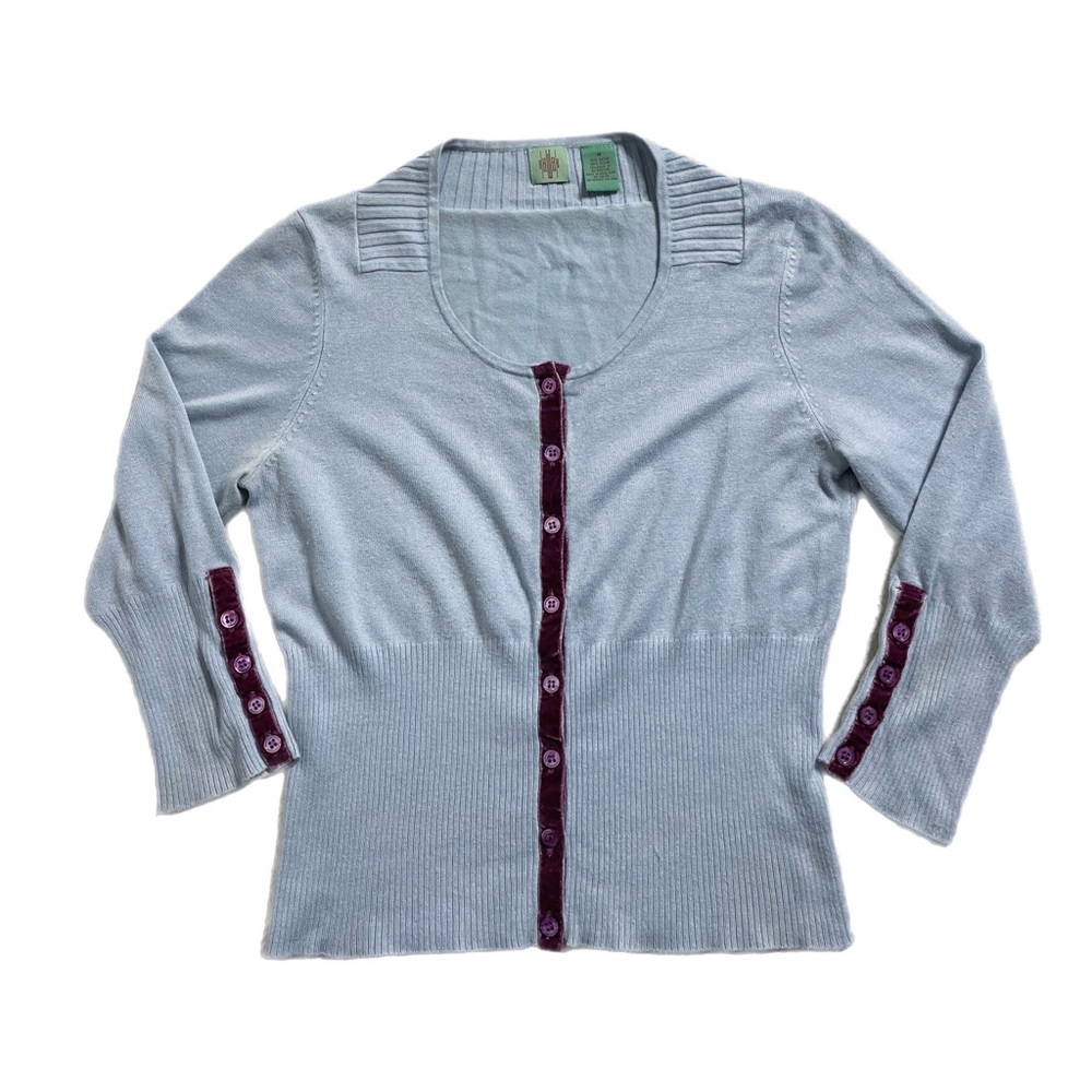 Anthropologie HWR Monogram Pastel Blue Velvet Trim Cardigan M, 3/4 Sleeve
